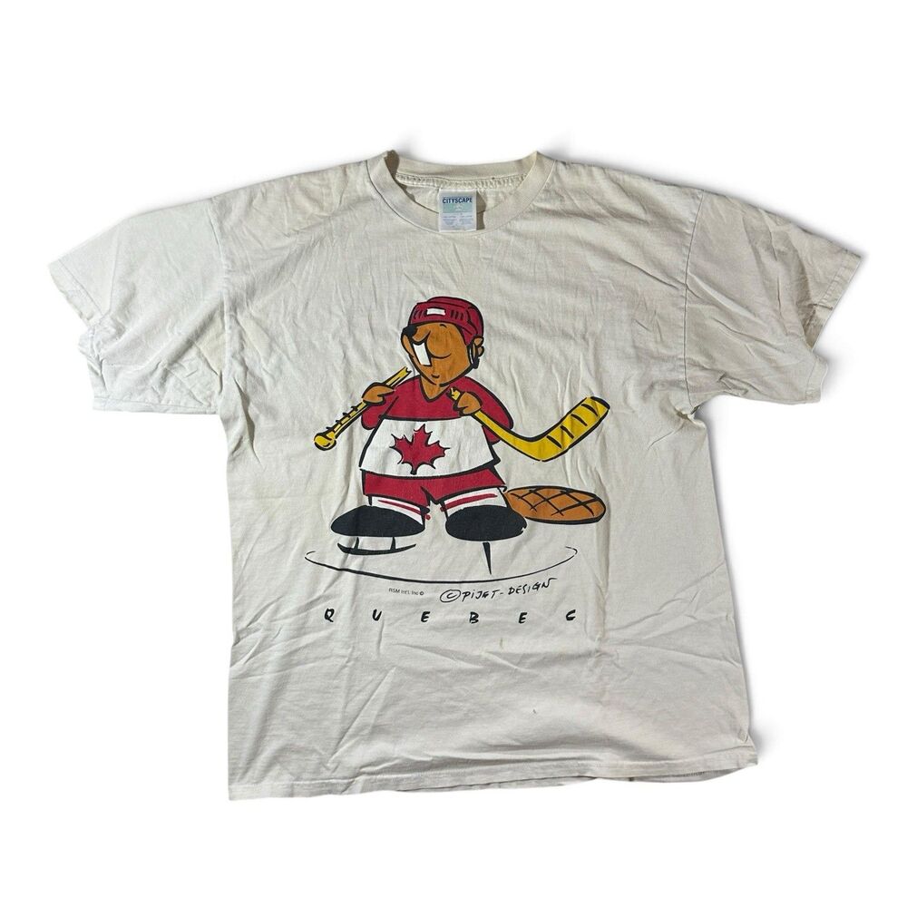 Quebec Hockey Maple Leaf Graphic T-Shirt XL Beaver USA Canada White Fade